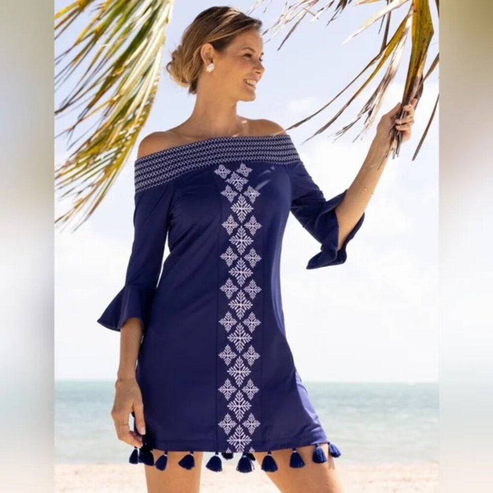 CABANA LIFE/Navy Embroidered Off The Shoulder Mini Dress Coverluxe Smocked Med